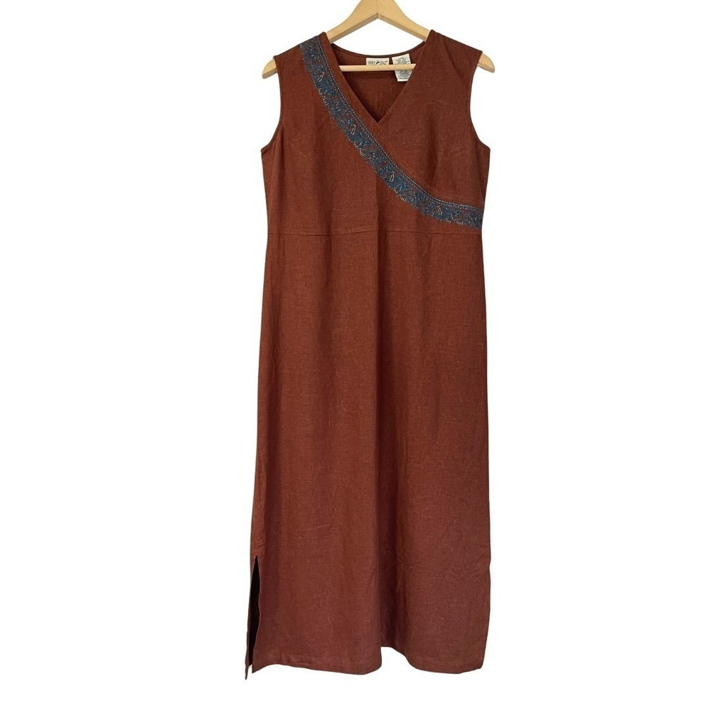 White Stag Linen Blend Maxi Dress Size S Chocolate Brown Embroidered Minimalist